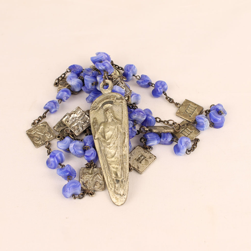 Kruiswegrozenkrans | 14 Staties & Blauwe Glaskralen | Ca. 1940-1960